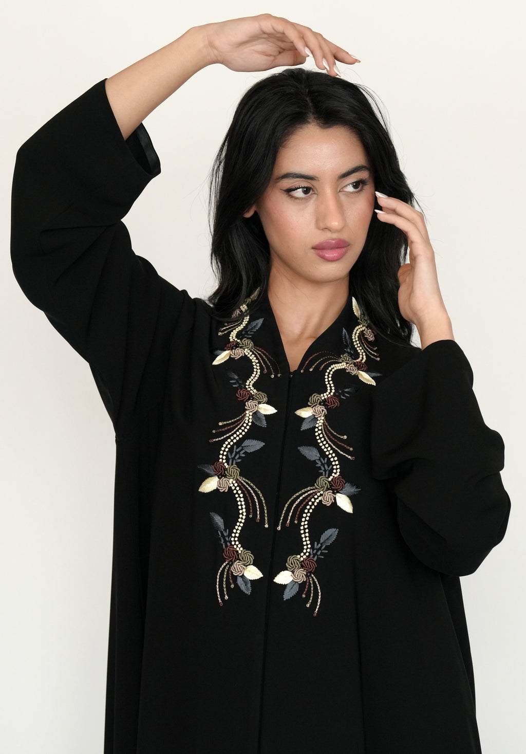 Black Button-Down Abaya with Intricate Embellished Neckline
