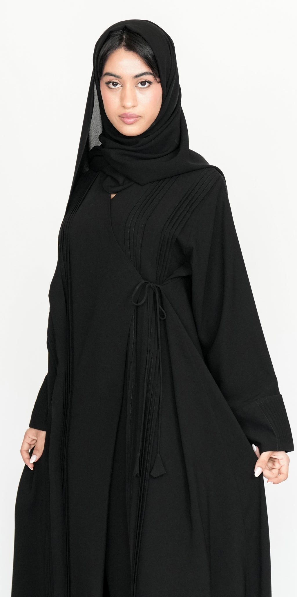 Black Pleated Wrap Abaya with Tie-Waist Detail