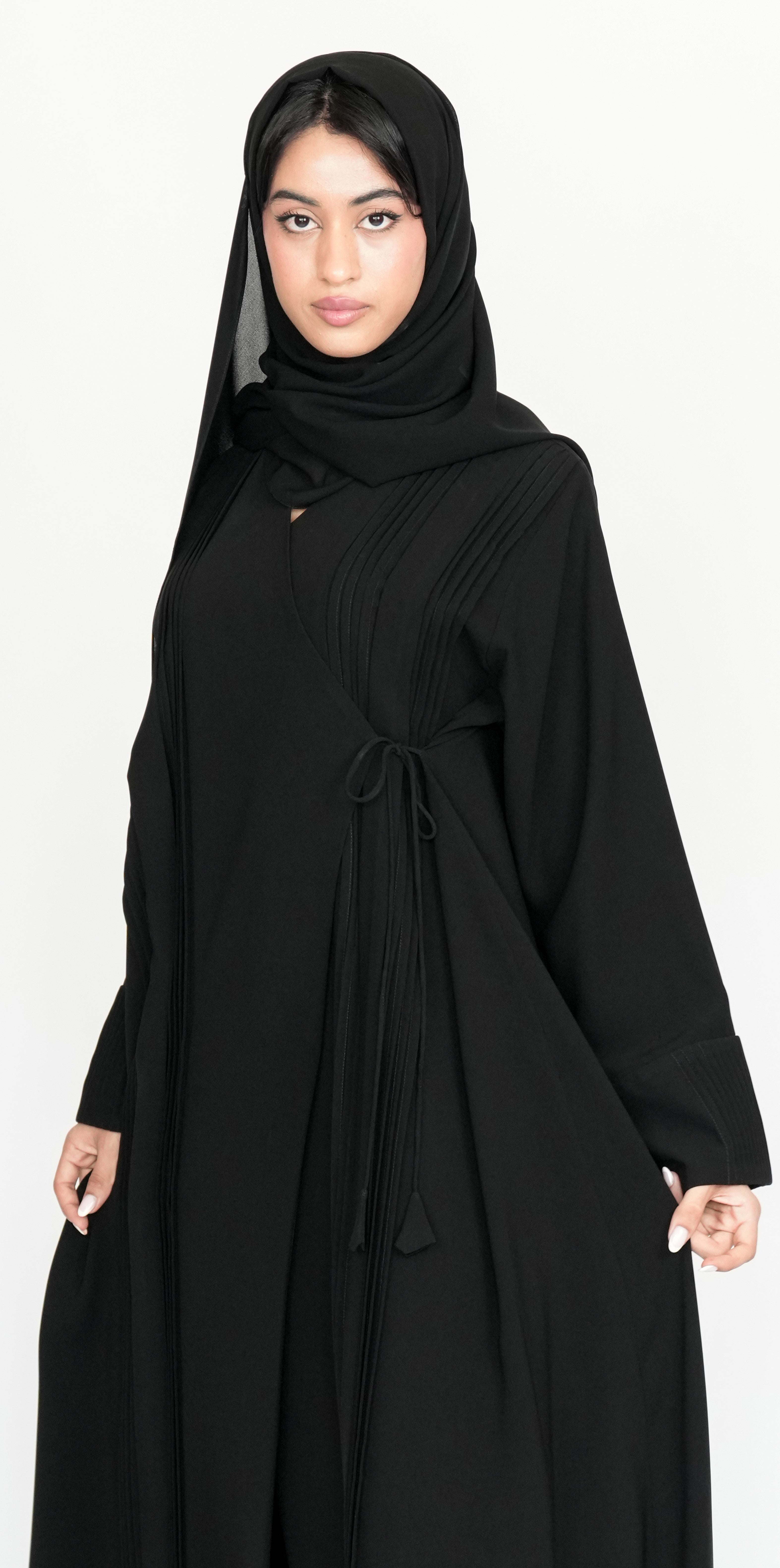 Black Pleated Wrap Abaya with Tie-Waist Detail