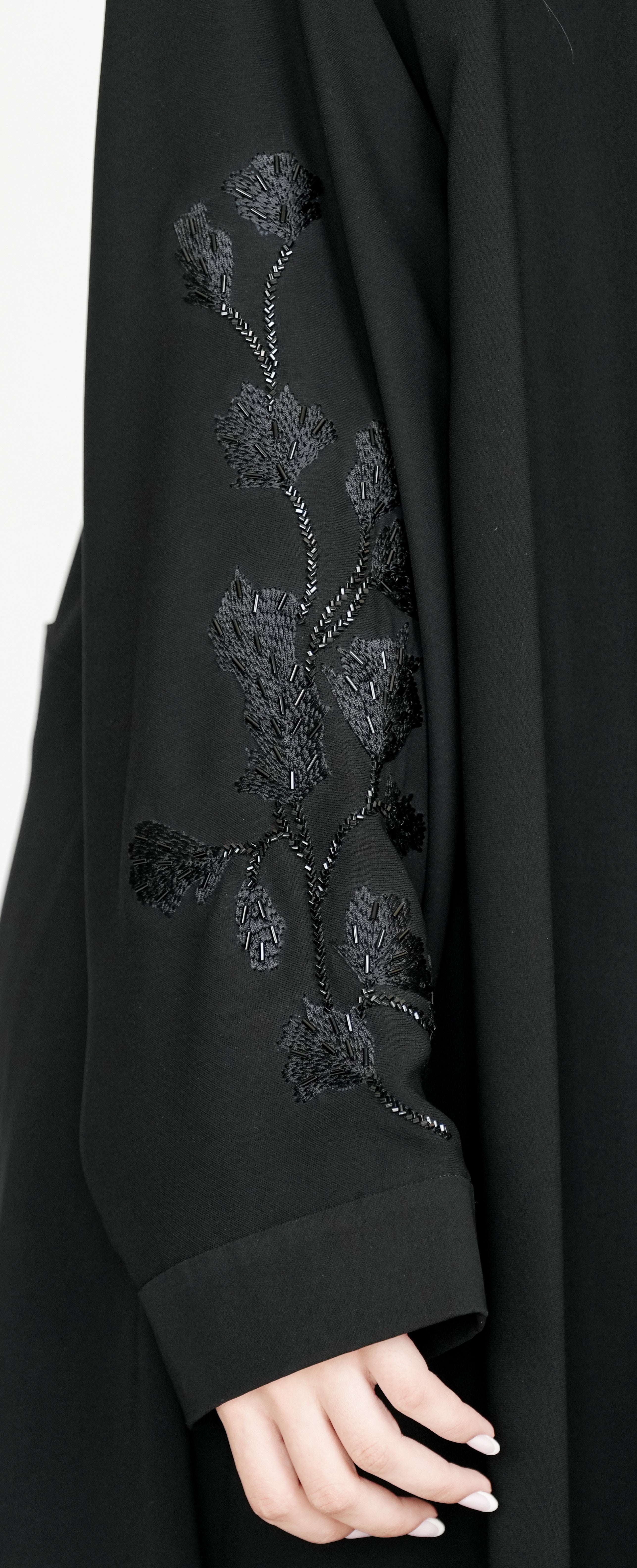 Elegant Black Open Abaya with Subtle Sequin Detailing