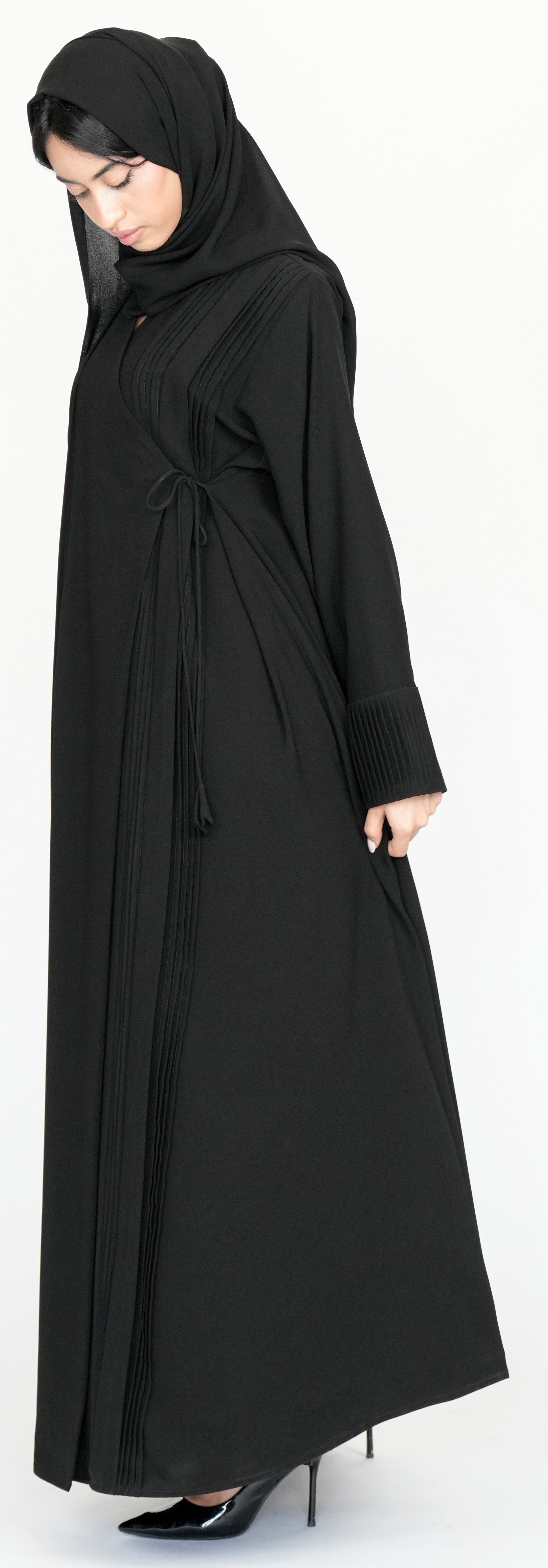 Black Pleated Wrap Abaya with Tie-Waist Detail