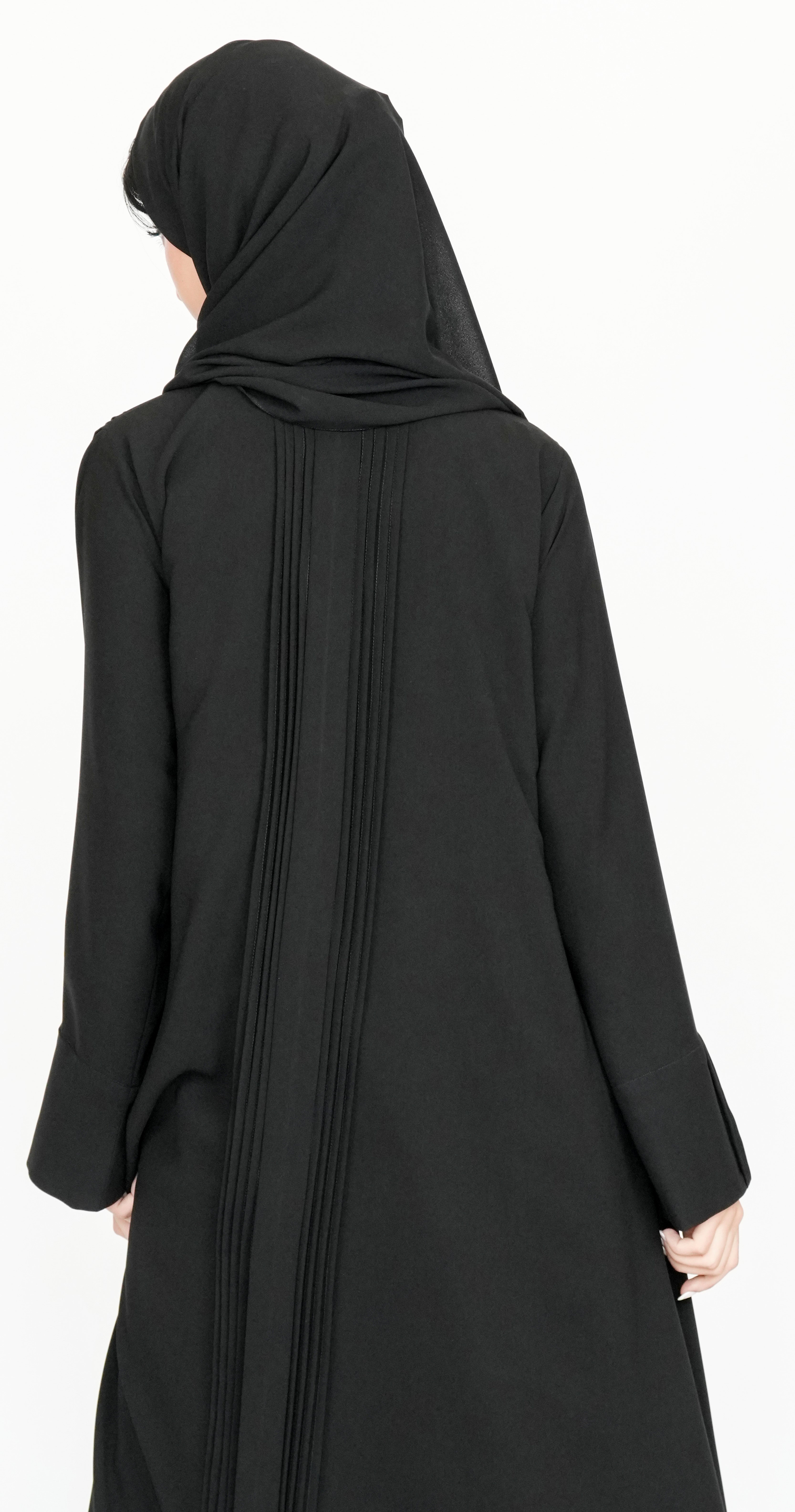 Black Pleated Wrap Abaya with Tie-Waist Detail