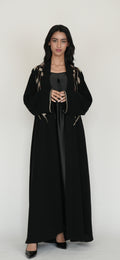 Black Open Abaya with Elegant Leaf Embroidery