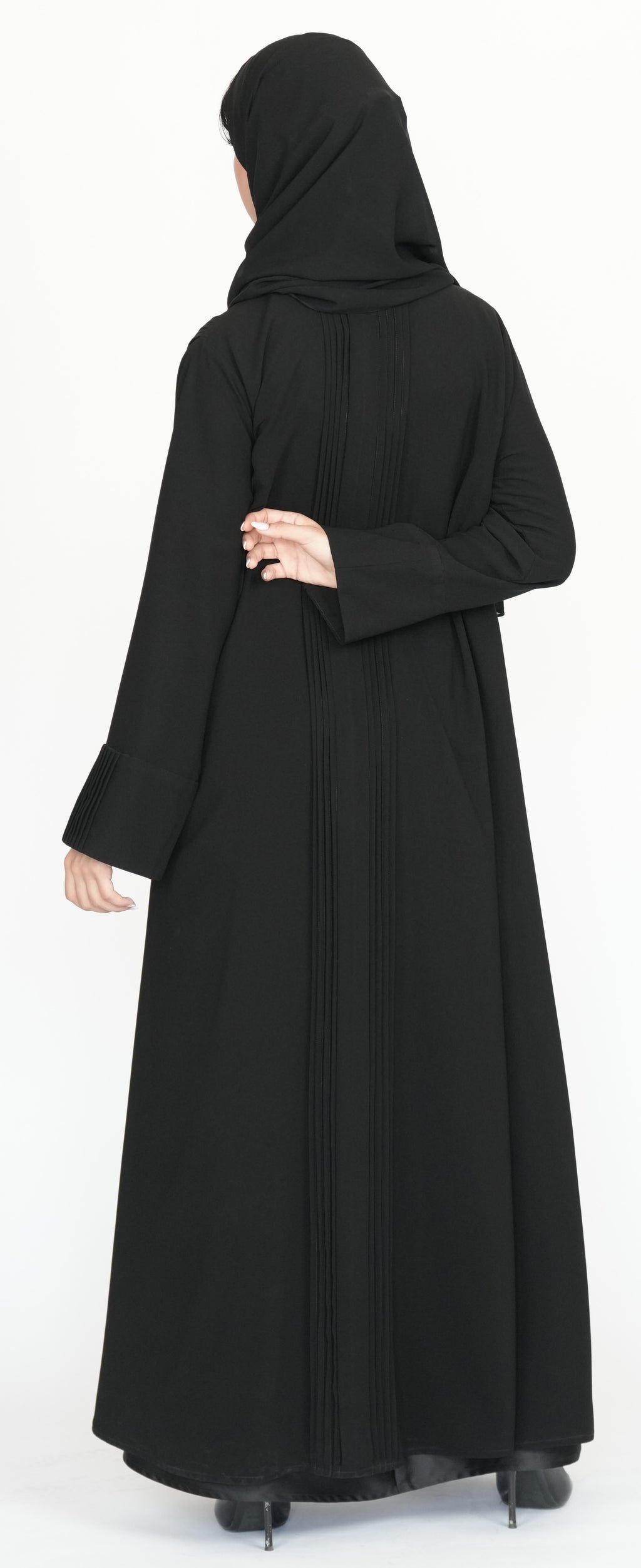 Black Pleated Wrap Abaya with Tie-Waist Detail