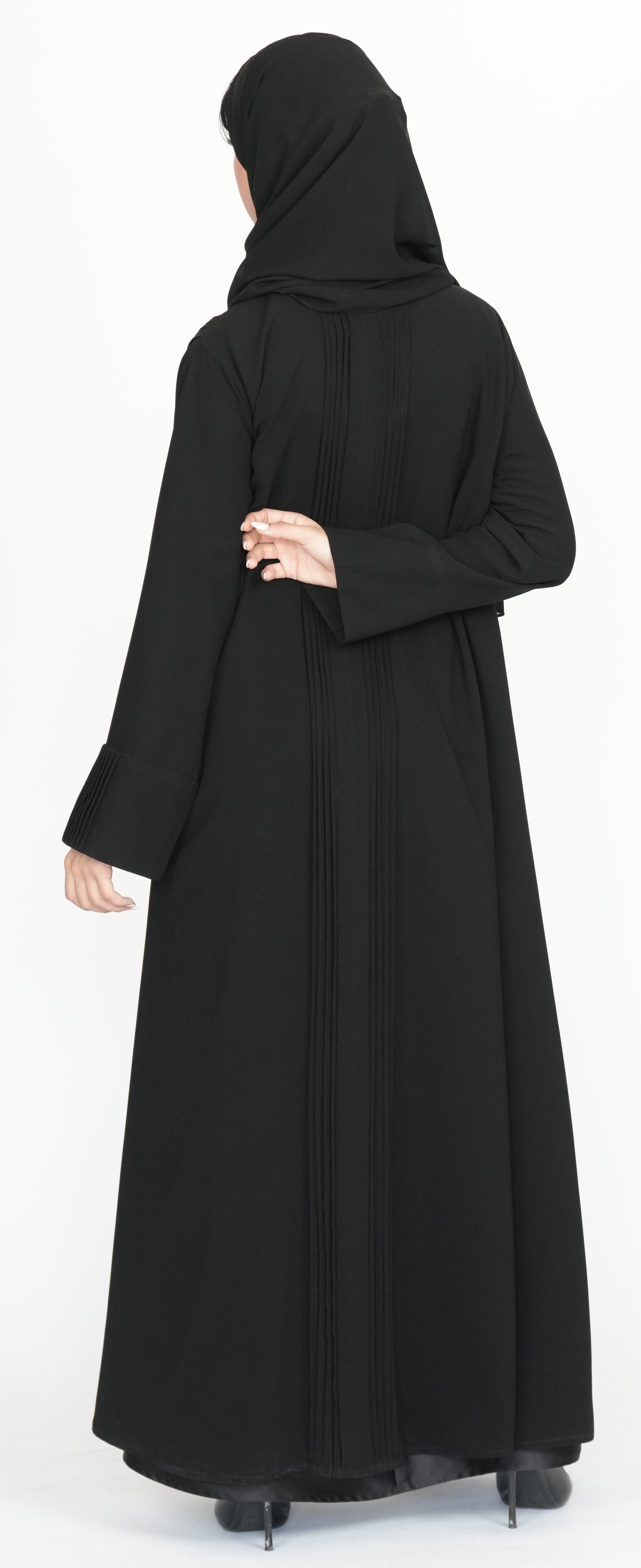 Black Pleated Wrap Abaya with Tie-Waist Detail