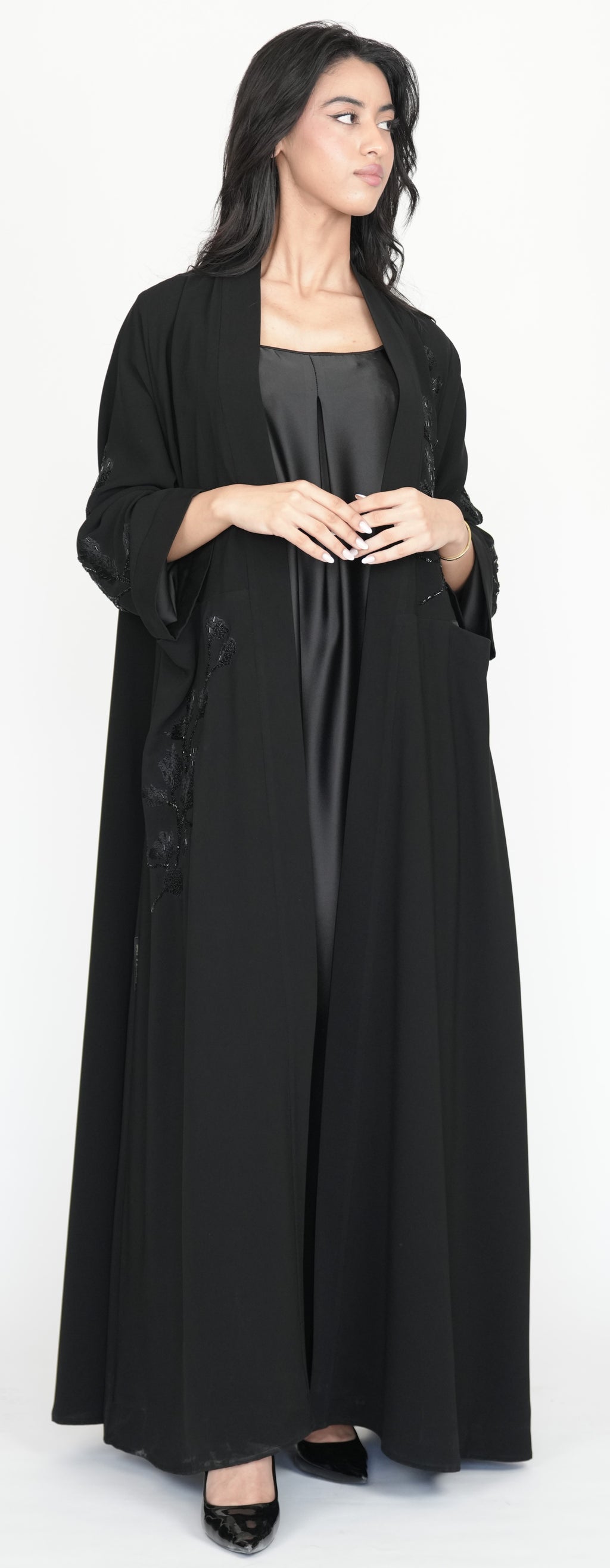 Elegant Black Open Abaya with Subtle Sequin Detailing