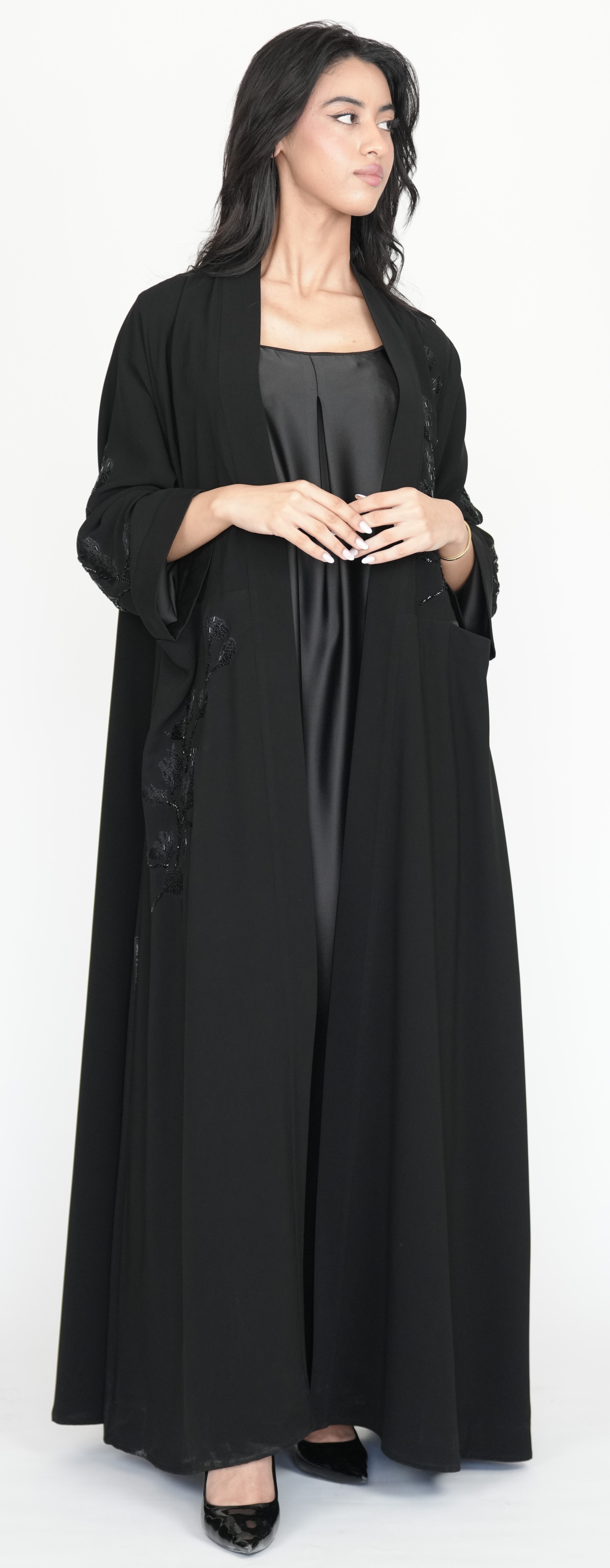 Elegant Black Open Abaya with Subtle Sequin Detailing