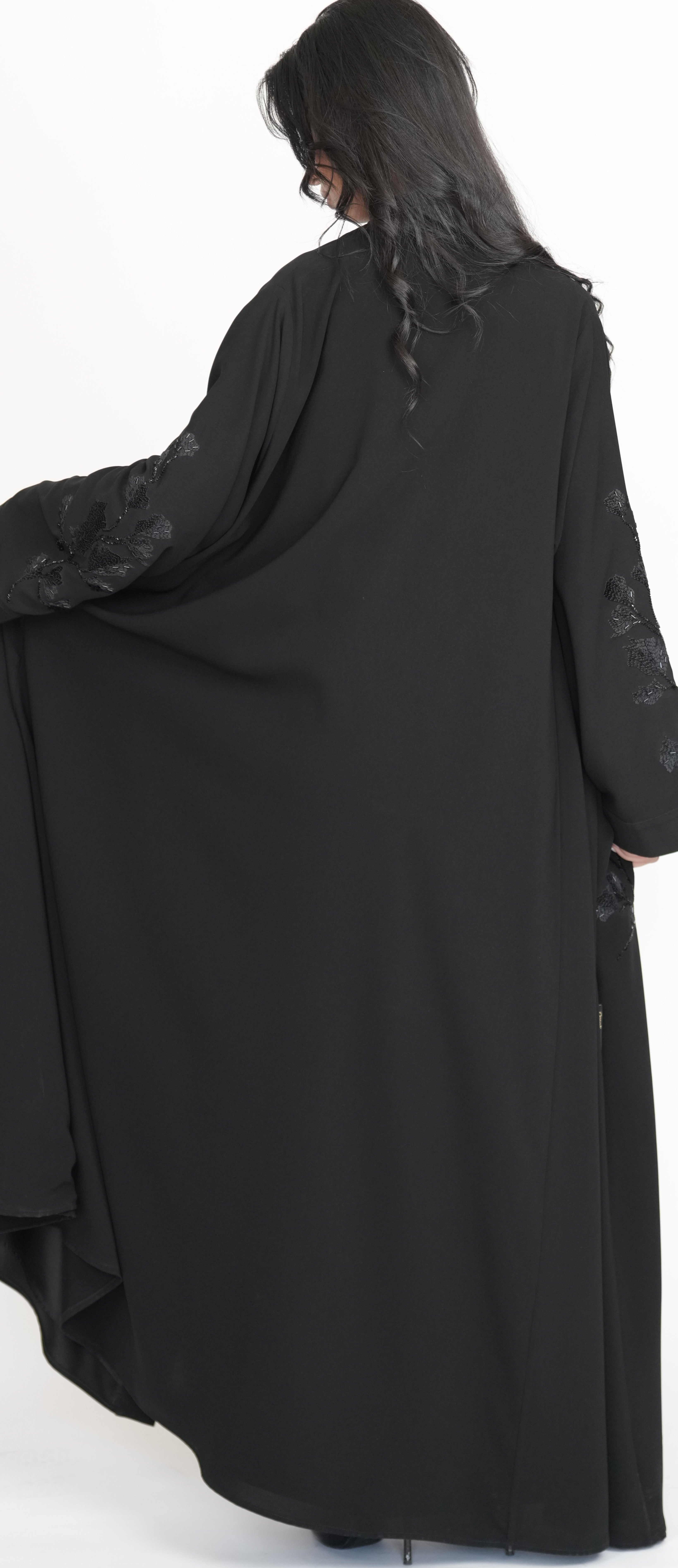 Elegant Black Open Abaya with Subtle Sequin Detailing