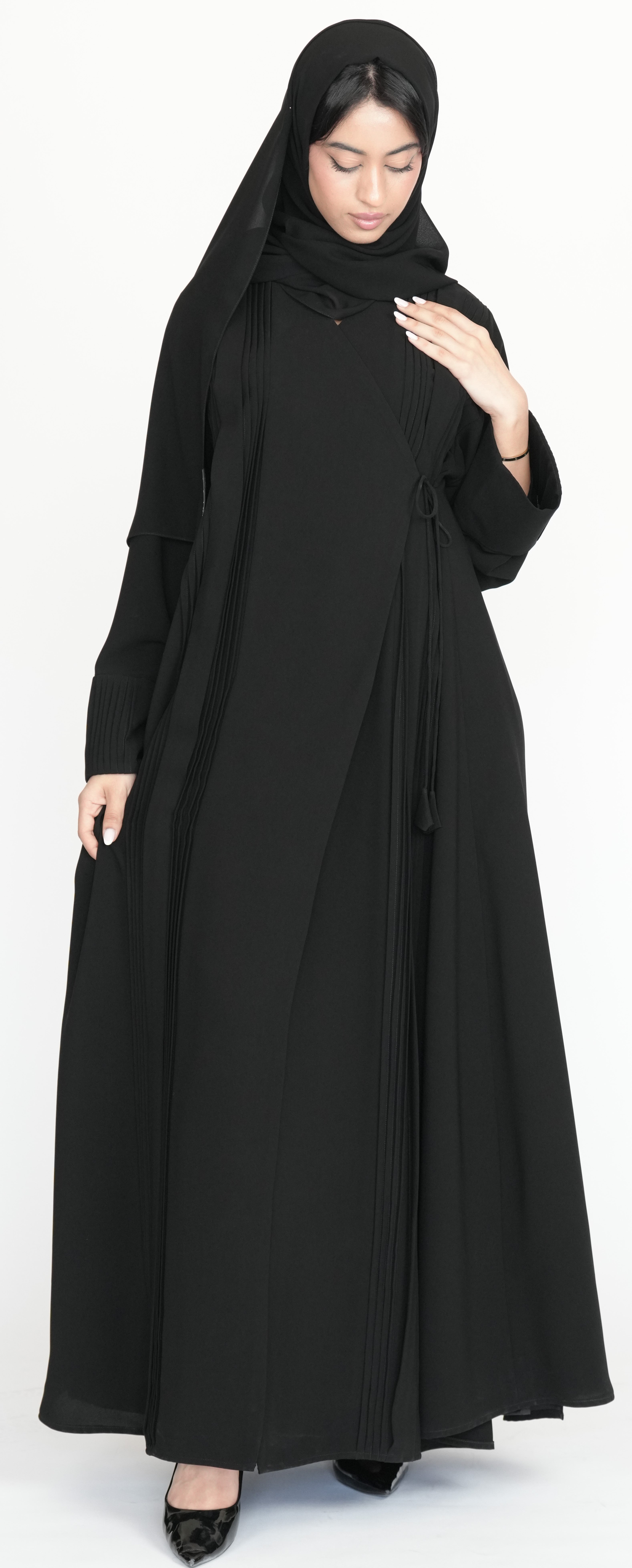 Black Pleated Wrap Abaya with Tie-Waist Detail