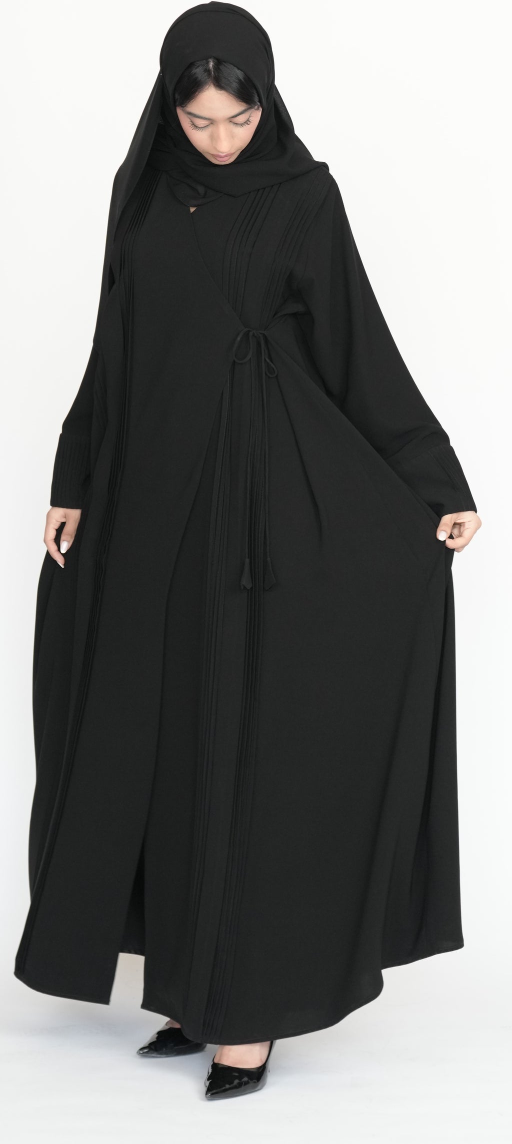 Black Pleated Wrap Abaya with Tie-Waist Detail