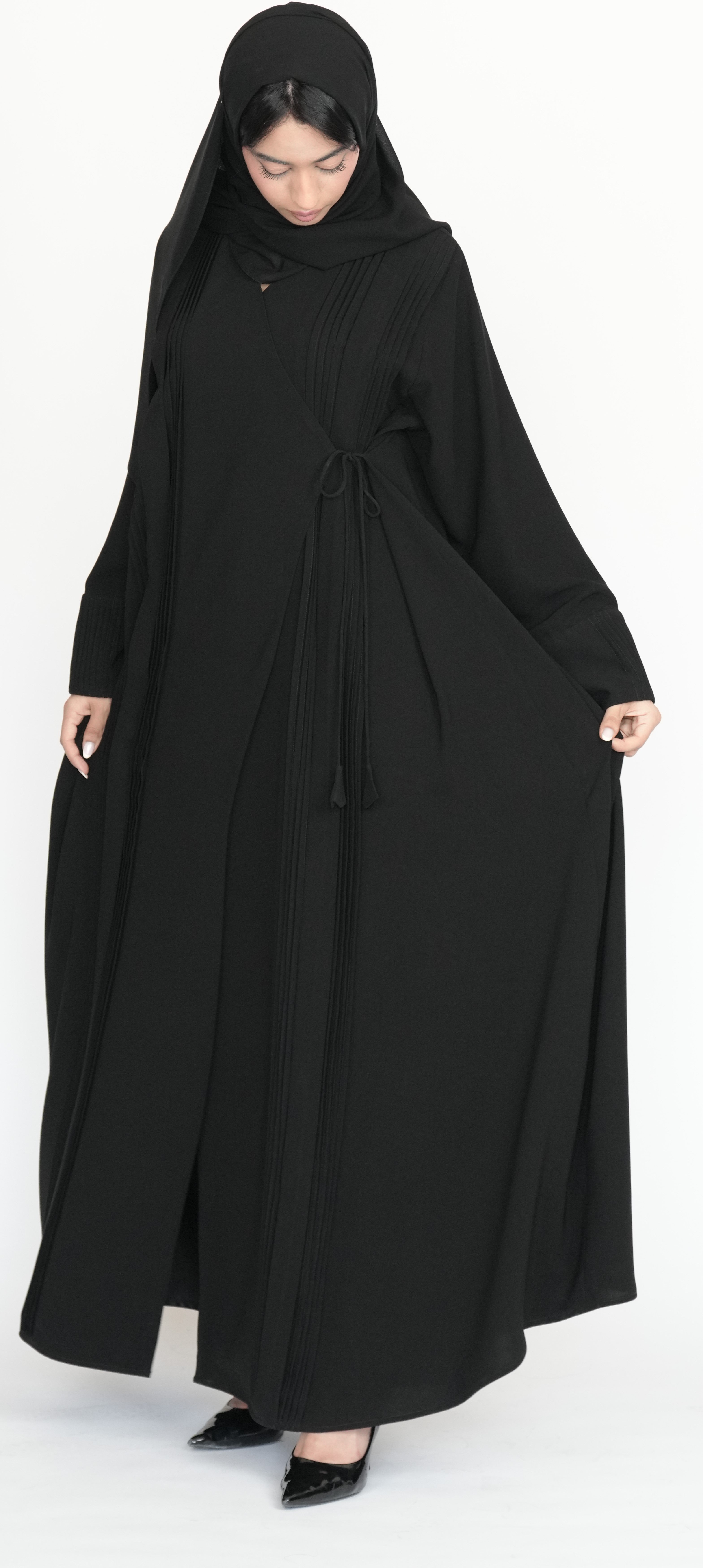 Black Pleated Wrap Abaya with Tie-Waist Detail