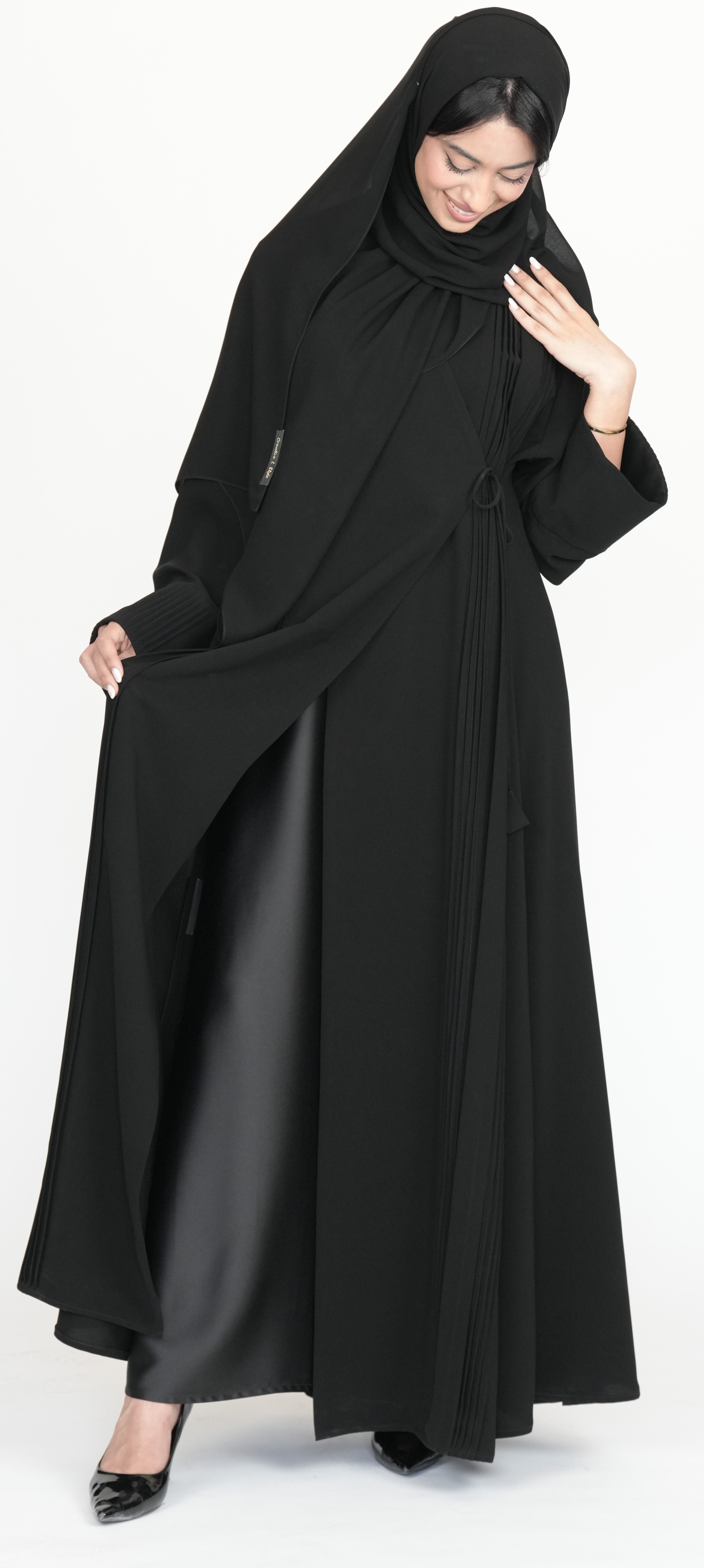 Black Pleated Wrap Abaya with Tie-Waist Detail