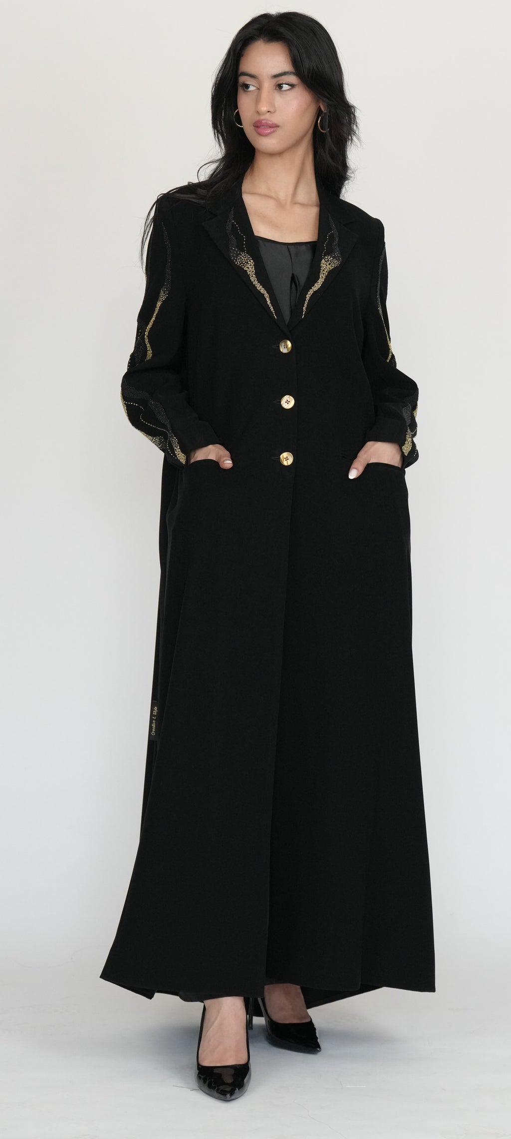 Black Blazer-Style Abaya with Gold Button