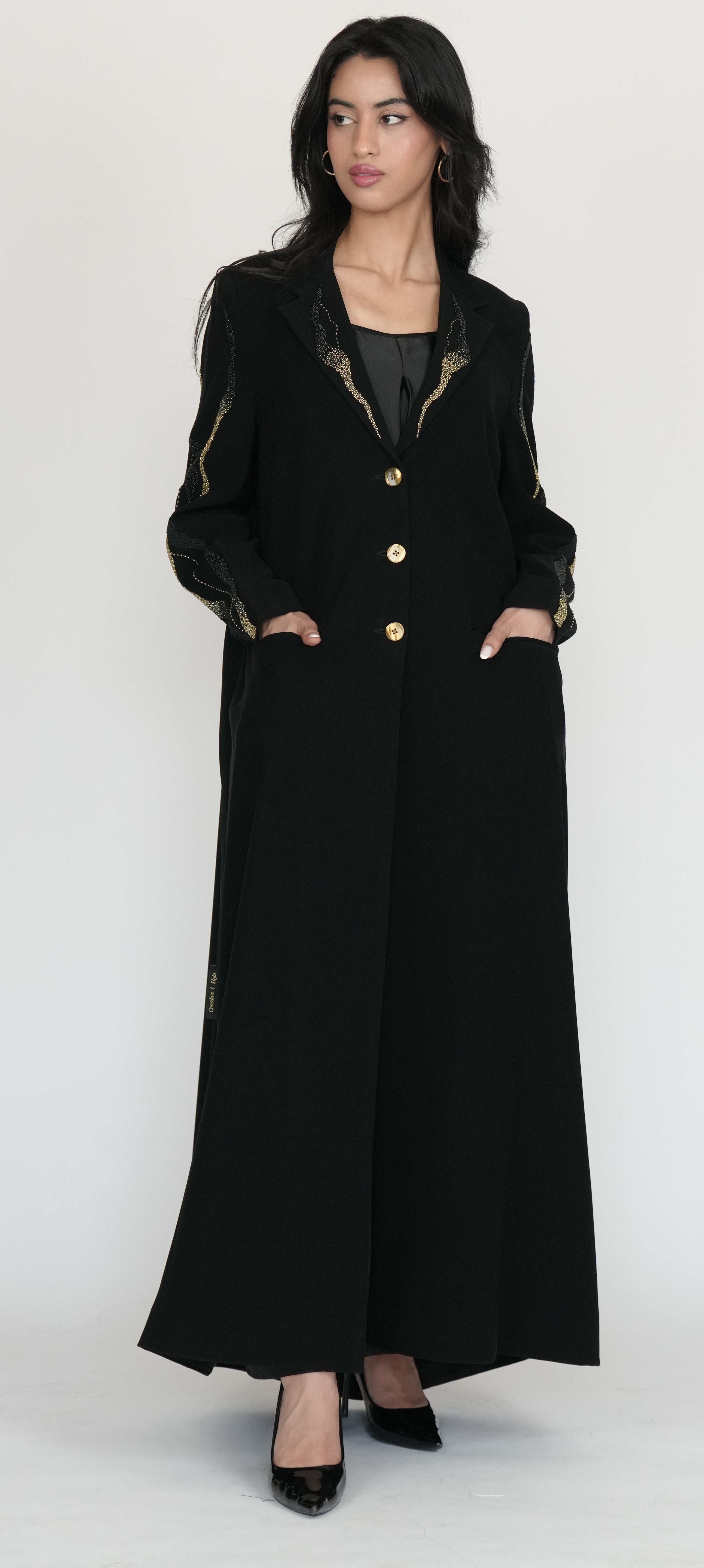 Black Blazer-Style Abaya with Gold Button