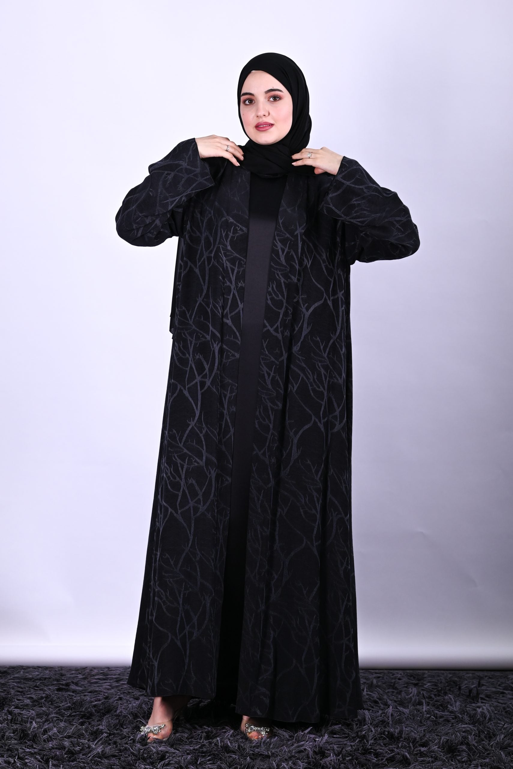 Abstract Motif Abaya Fabric in Black and Grey